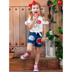 Girls Love To Learn Patched Denim Shorts Set - Mia Belle Girls -Kids Clothing Store GUEST 0f863d8a 38c4 4615 b17f 18831c76ec4b
