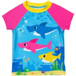 Pinkfong Baby Shark Girls Rash Guard Tankini Top And Bikini Bottom 3 Piece Swimsuit Set Toddler