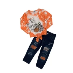 Girls It's Pumpkin Season Patched Jeans Set - Mia Belle Girls