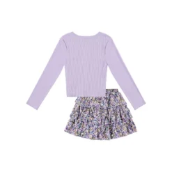 Beautees Girls' 2 Pc Puff Screen Print Faux Button Front Top With Tiered Skirt