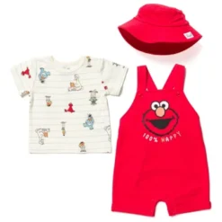 Sesame Street Elmo Baby French Terry Short Overalls T-Shirt And Hat 3 Piece Outfit Set Newborn To Infant -Kids Clothing Store GUEST 2edd0821 3e97 40ee 9010 9a3477d5c3e3