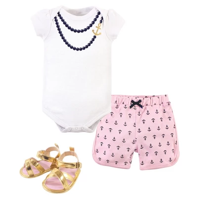 Little Treasure Baby Girl Cotton Bodysuit, Pant And Shoe 3pc Set, Anchor Necklace 6 Little Treasure Baby Girl Cotton Bodysuit, Pant And Shoe 3pc Set, Anchor Necklace - Image 4