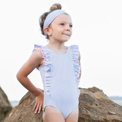 RuffleButts Girls Seersucker Waterfall One Piece 4 RuffleButts Girls Seersucker Waterfall One Piece - Image 2