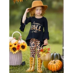 Girls Happy Fall Y'all Stripes & Leopard Print Legging Set - Mia Belle Girls