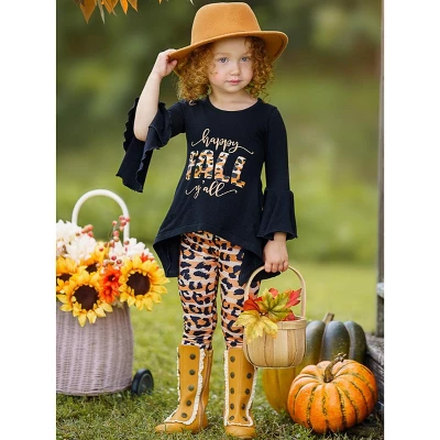 Girls Happy Fall Y'all Stripes & Leopard Print Legging Set - Mia Belle Girls 3 Girls Happy Fall Y'all Stripes & Leopard Print Legging Set - Mia Belle Girls
