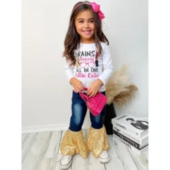 Girls Brains & Beauty Sequin Bell Bottom Jean Set - Mia Belle Girls
