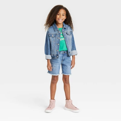 Girls' Destructed Relaxed Midi Jean Shorts - Cat & Jack™ Medium Wash 4 Girls' Destructed Relaxed Midi Jean Shorts - Cat & Jack™ Medium Wash - Image 2