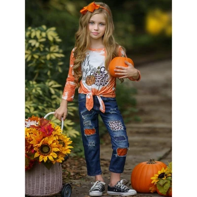 Girls It's Pumpkin Season Patched Jeans Set - Mia Belle Girls 4 Girls It's Pumpkin Season Patched Jeans Set - Mia Belle Girls - Image 2