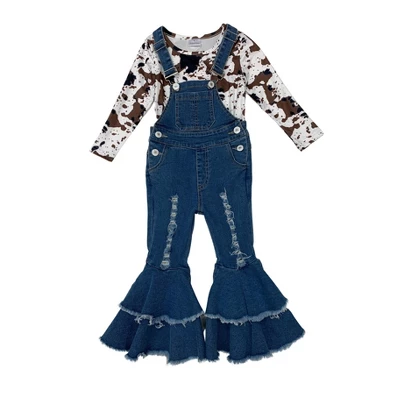 Girls Girl Power Flared Denim Overall Set - Mia Belle Girls 3 Girls Girl Power Flared Denim Overall Set - Mia Belle Girls