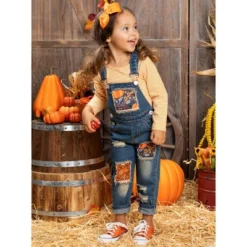 Girls Autumn Vibes Patched Overall Jeans Set Mia Belle Girls, Orange, 6 -Kids Clothing Store GUEST afbab4c3 8333 4989 95ef e97c955f7e1c