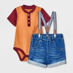 Baby Boys' Denim Shorts Henley Suspender Set - Cat & Jack™ Burgundy -Kids Clothing Store GUEST b1d772e4 5a10 4a67 a663 3d7563f42834