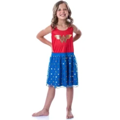 DC Comics Girl's Wonder Woman Logo And Stars Tank Nightgown Costume Pajama Red/Blue
