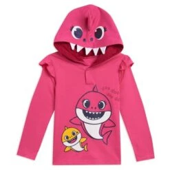Pinkfong Mommy Shark Baby Shark Girls French Terry Pullover Hoodie Poly Hair & Felt Teeth Fin On Hat Costume And Leggings Outfit Set Little Kid