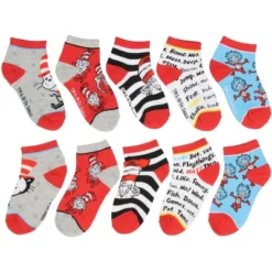 Dr. Seuss Socks Kids Cat In The Hat Thing 1 Thing 2 Ankle No Show Socks - 5 Pack Multicoloured