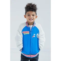 SEGA Sonic The Hedgehog French Terry Zip Up Varsity Bomber Jacket Satin Lining Little Kid To Big Kid