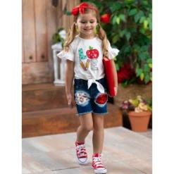 Girls Love To Learn Patched Denim Shorts Set - Mia Belle Girls -Kids Clothing Store GUEST e73f1279 1a6f 4d72 861f 5ad0a2510974