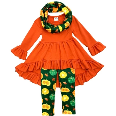 Girls Pumpkin Season Hi-Lo Tunic, Leggings & Scarf Set Mia Belle Girls, Orange, 10 4 Girls Pumpkin Season Hi-Lo Tunic, Leggings & Scarf Set Mia Belle Girls, Orange, 10 - Image 2